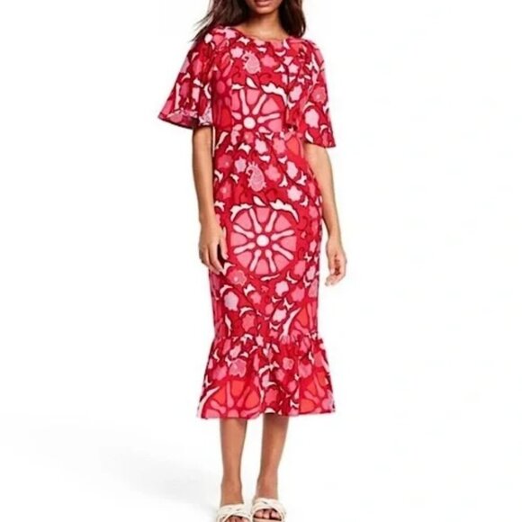 Rhode Red Zinnia Floral Print Bell Sleeve Keyhole Back Midi Dres 8 - Picture 2 of 11